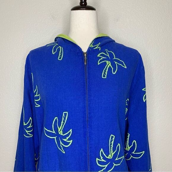 Erin London Linen Blend Vintage Blue Palm Trees Zip Up Hoodie Jacket - Picture 3 of 13